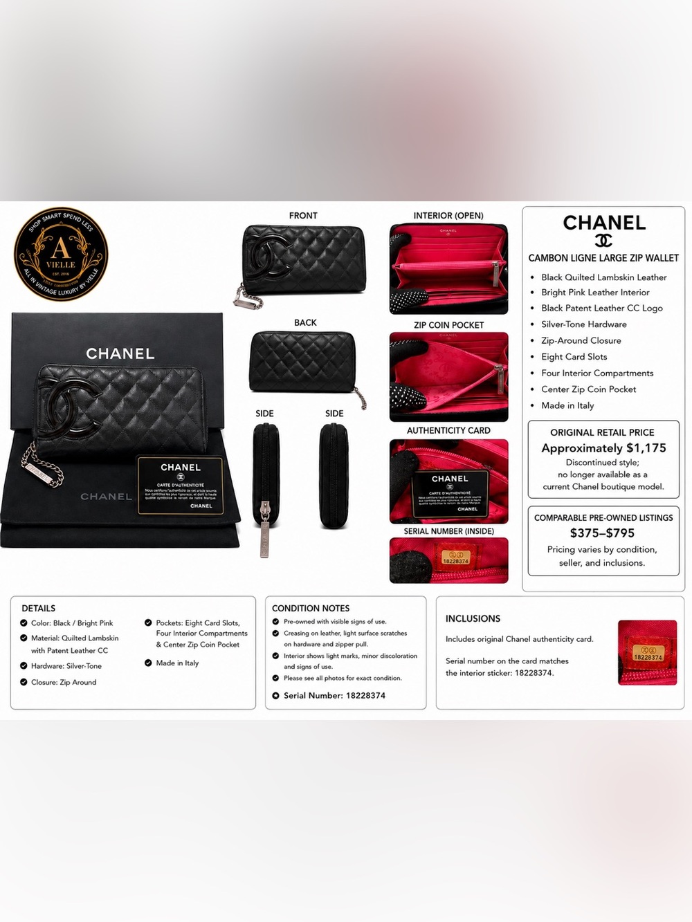 Chanel Cambon Black Quilted Lambskin Zip Wallet Pink Interior